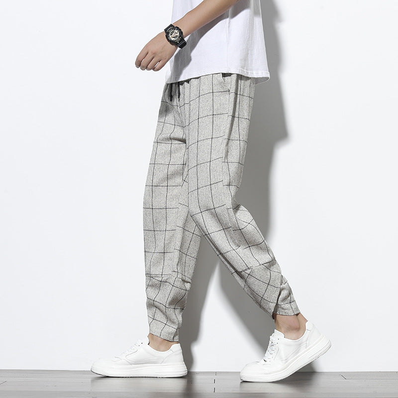Plaid Cotton Linen Nine-Quarter Pants Men Loose Large Size Trendy Casual Cuffed Trousers