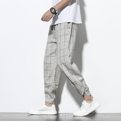 Plaid Cotton Linen Nine-Quarter Pants Men Loose Large Size Trendy Casual Cuffed Trousers
