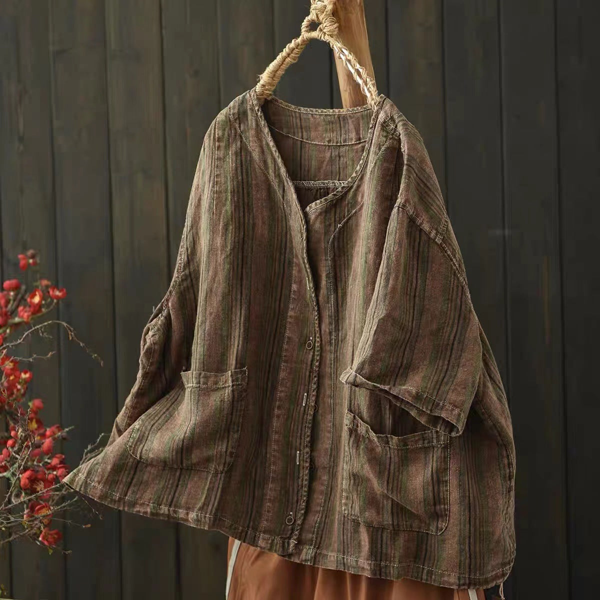 New Literary Linen Dyed Stripe Plus Size Loose Button-Up Shirt Women's Summer Drop Shoulder Short Sleeve Top