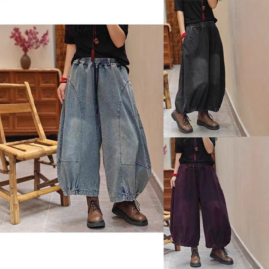 Vintage Casual Distressed Loose Plus Size Denim Flare Pants Women's Wide Leg Long Trousers Trendy