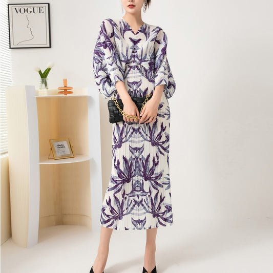 Pleated Print Sleeve Plus Size Dress New Spring And Autumn Fashion Temperament Slim Long Skirt