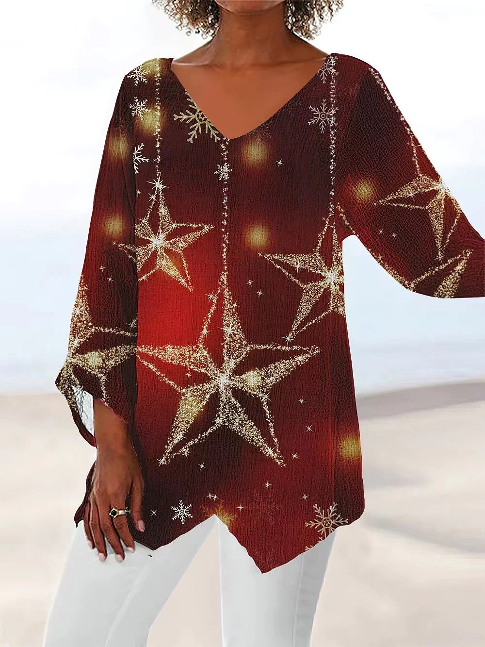Style Plus Size Women's Summer Casual Loose Irregular Print Long Sleeve V-Neck Top