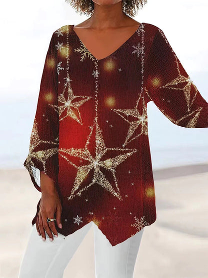 Style Plus Size Women's Summer Casual Loose Irregular Print Long Sleeve V-Neck Top