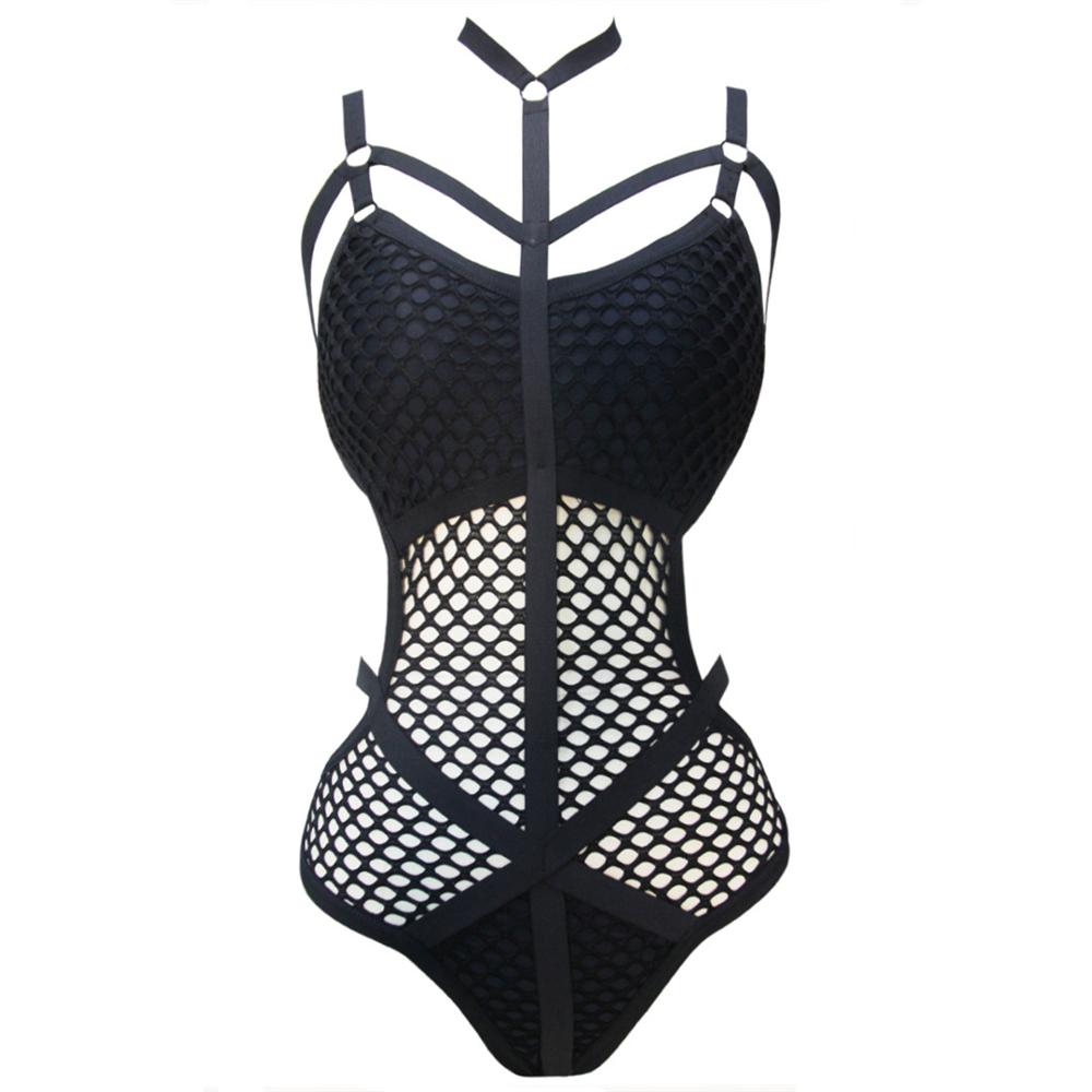 Sheer Knit Fish Net Mesh Large Plus Size Swimwear Women One Piece Swimsuit Female Bather Bathing Suit Swim Beach V536B