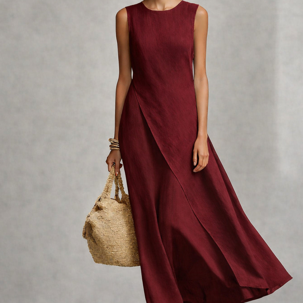 Sleeveless asymmetrical hem cotton linen blend dress