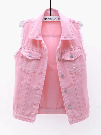 Button Down Raw Hem Sleeveless Denim Jacket Plus Size