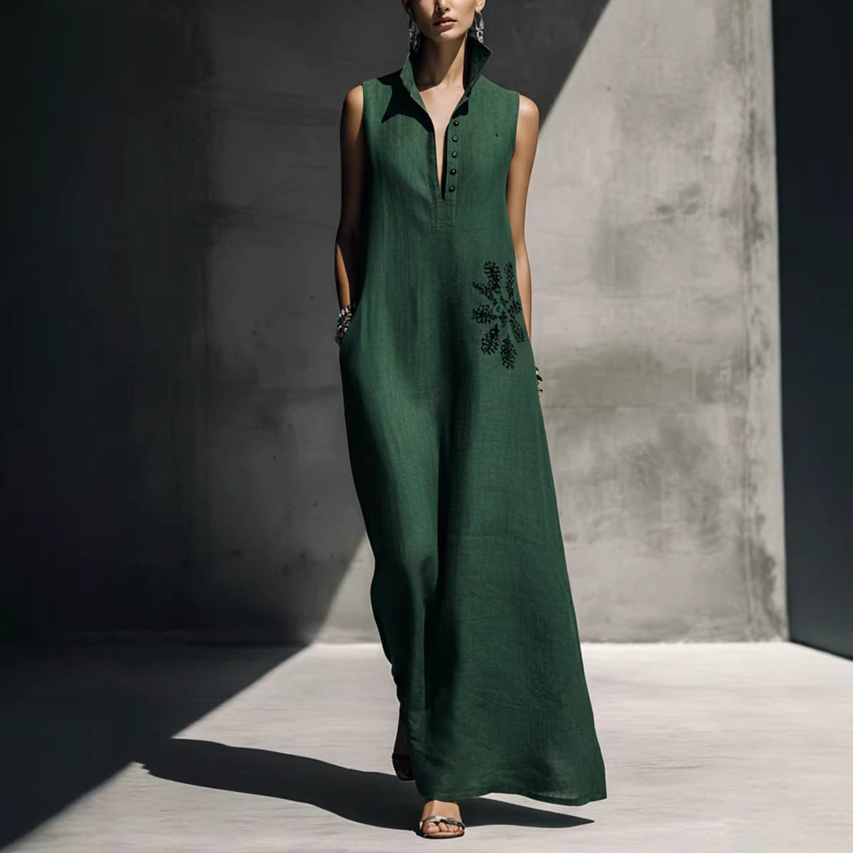 Hot stamping pocket stand collar cotton linen dress