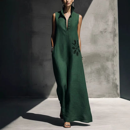 Hot stamping pocket stand collar cotton linen dress