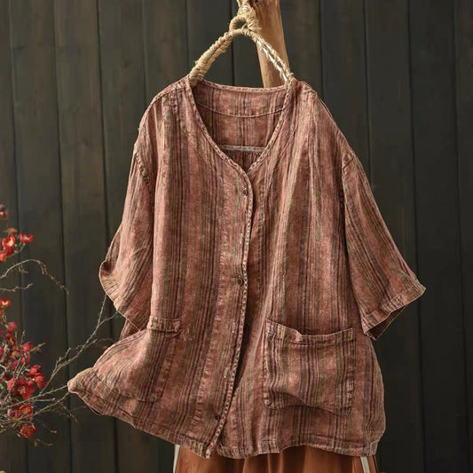 New Literary Linen Dyed Stripe Plus Size Loose Button-Up Shirt Women's Summer Drop Shoulder Short Sleeve Top