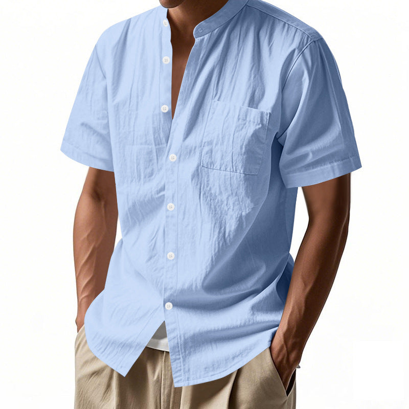 Casual Linen Open-Front Solid Color Stand-Up Collar Short Sleeve Shirt for Men Summer Loose