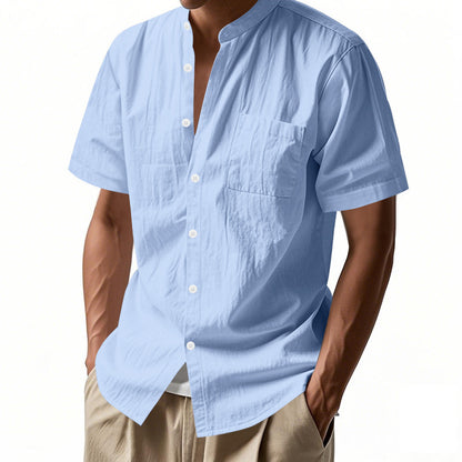 Casual Linen Open-Front Solid Color Stand-Up Collar Short Sleeve Shirt for Men Summer Loose
