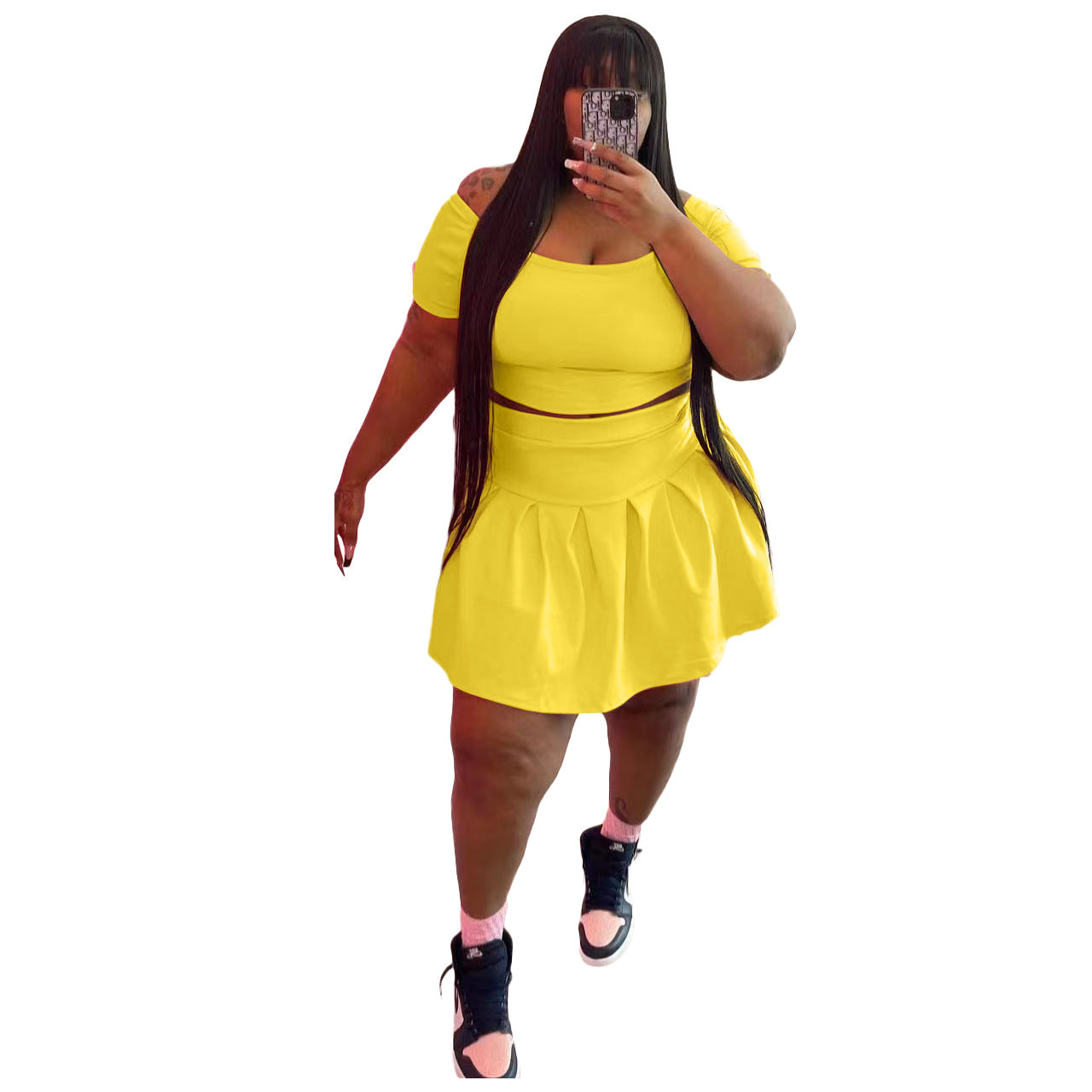 Fashion Women's New Solid Color Pleated Skirt Plus Size Two Piece Set