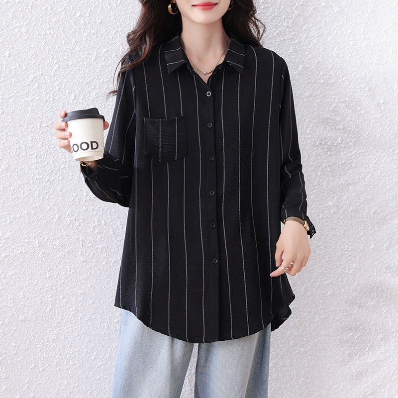 Plus Size New Striped Mid-Length Loose  Version Long Sleeve Slimming Fashion Top for Women