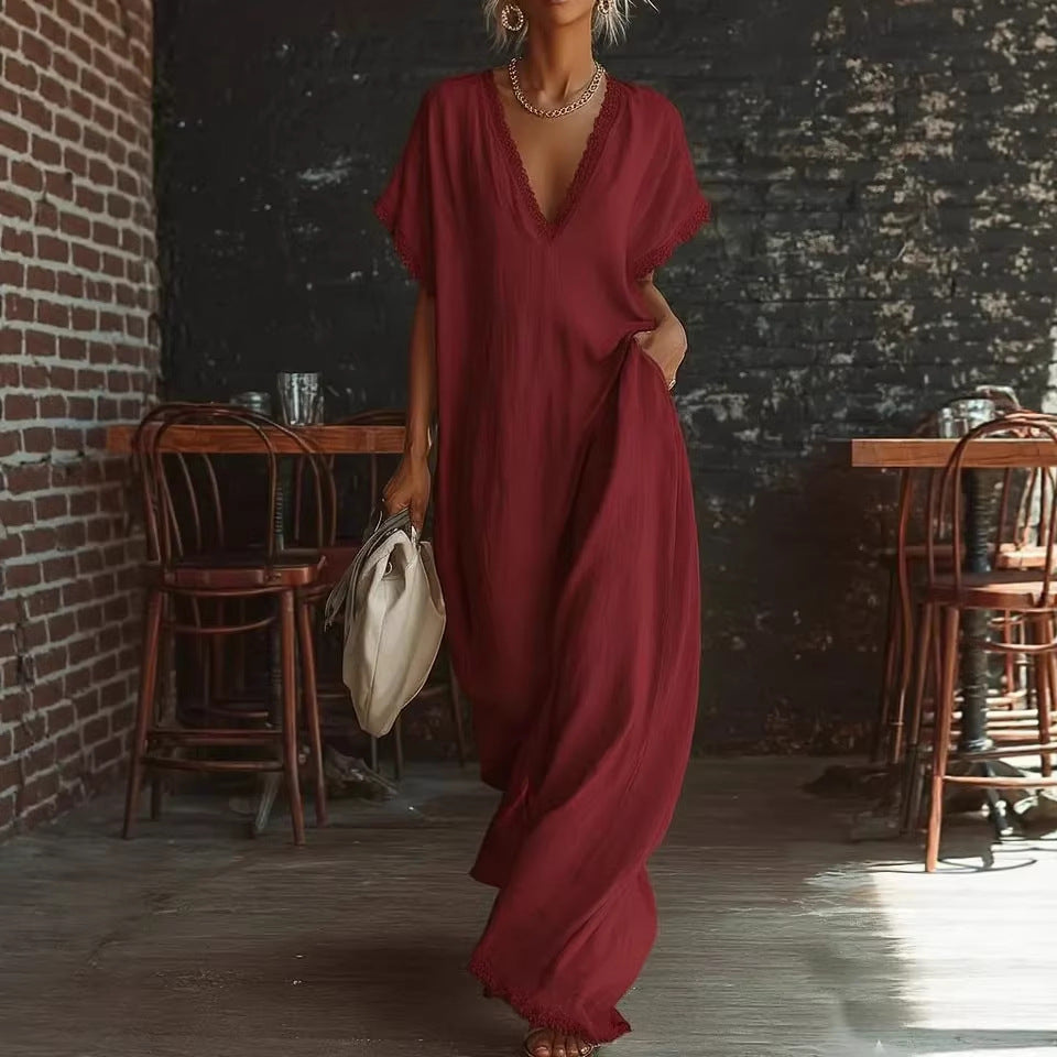 Elegant Casual Loose Linen Cotton Long Dress with Lace Trim