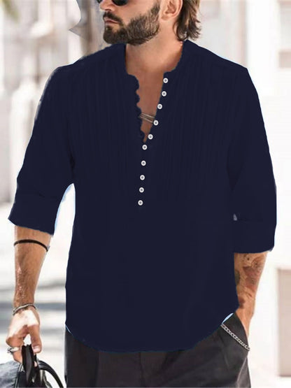 Cotton and linen pleated casual slim fit long sleeved shirt