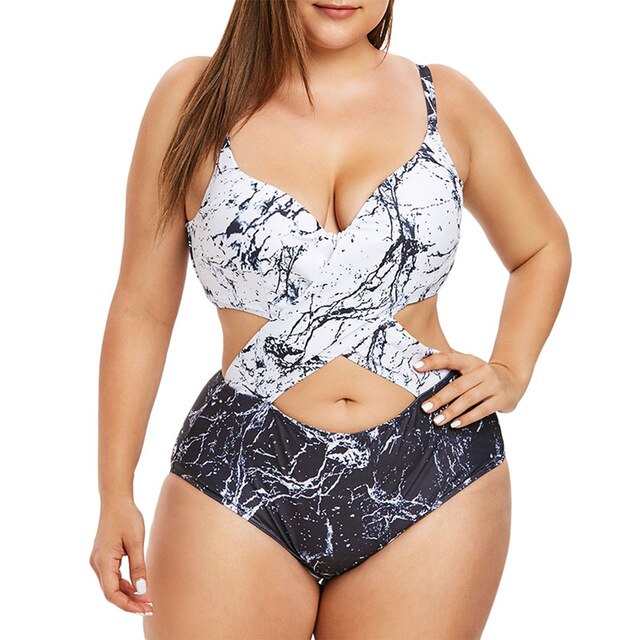 Plus Size Marble Print Monokini Sexy One Piece Swimsuit Women Padded Hollow Out Beach Swimwear Summer Bathing Suit