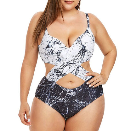 Plus Size Marble Print Monokini Sexy One Piece Swimsuit Women Padded Hollow Out Beach Swimwear Summer Bathing Suit
