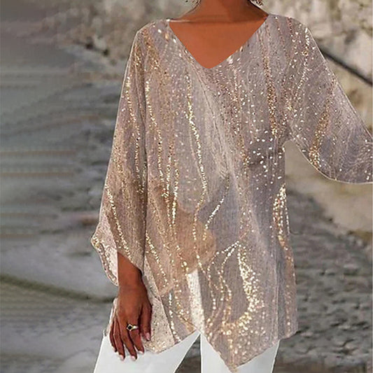 Style Plus Size Women's Summer Casual Loose Irregular Print Long Sleeve V-Neck Top