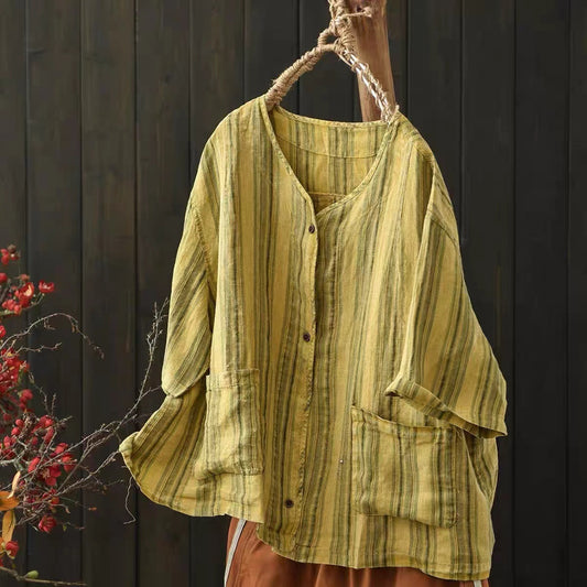 New Literary Linen Dyed Stripe Plus Size Loose Button-Up Shirt Women's Summer Drop Shoulder Short Sleeve Top
