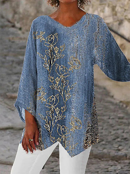 Style Plus Size Women's Summer Casual Loose Irregular Print Long Sleeve V-Neck Top