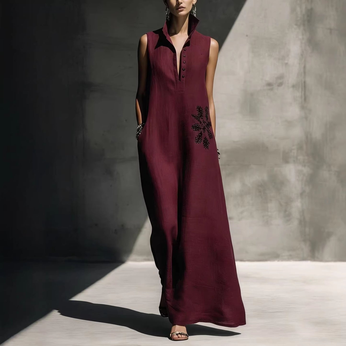 Hot stamping pocket stand collar cotton linen dress