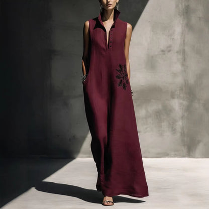 Hot stamping pocket stand collar cotton linen dress