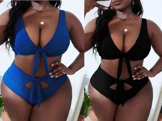 Plus Size Swimsuit Sexy Solid Color Knotted Fat Woman Swimwear Explosive Fat Bikini