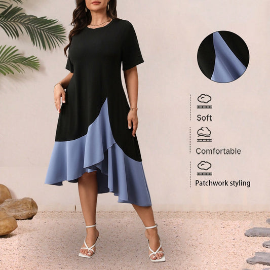 Color Block Spliced Dress with Short Sleeves and Flared Hem for Plus Size Women in Summer