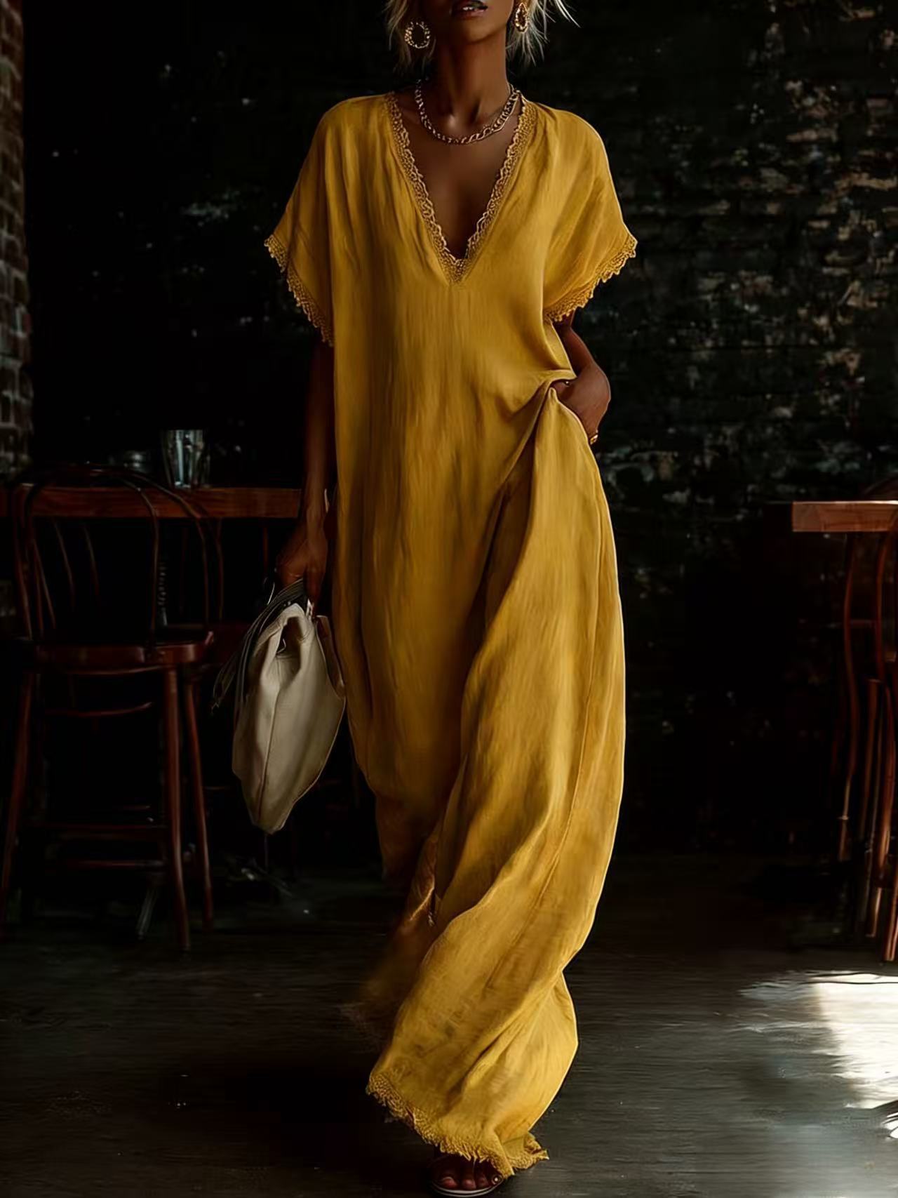 Elegant Casual Loose Linen Cotton Long Dress with Lace Trim