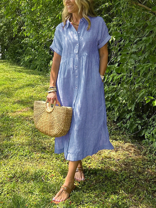 Loose Plus Size Striped Short Sleeve Shirt Dress for Women Summer Casual Cotton Linen Midi Dress