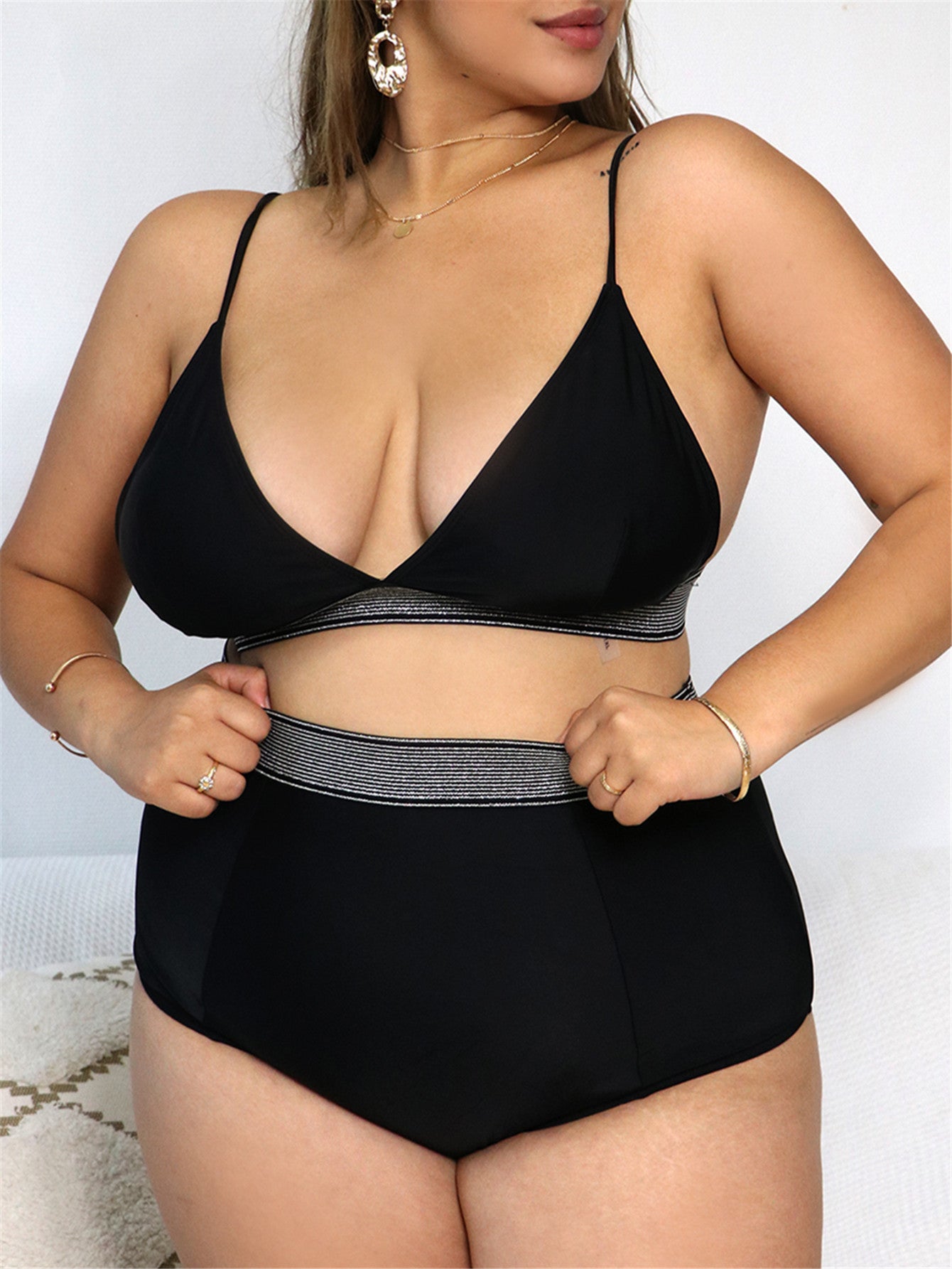New Solid Color High Waist Plus Size Bikini Sexy Fat Woman Swimsuit Swimwear