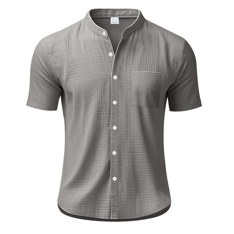Casual Linen Open-Front Solid Color Stand-Up Collar Short Sleeve Shirt for Men Summer Loose