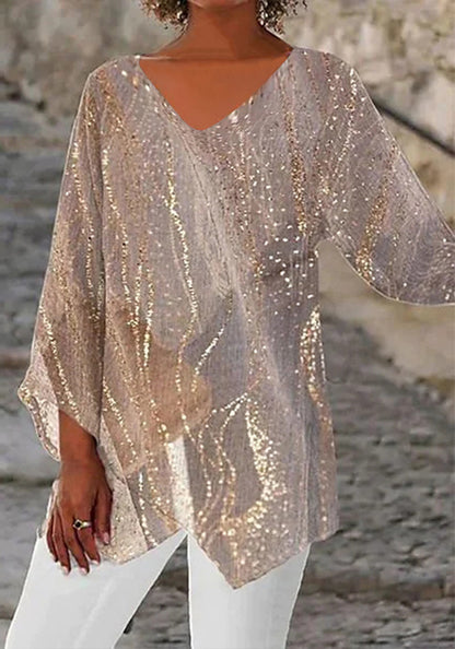 Style Plus Size Women's Summer Casual Loose Irregular Print Long Sleeve V-Neck Top