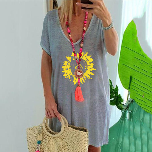Summer Plus Size Women's Sunflower Casual Loose Print Short Sleeve T-Shirt Top