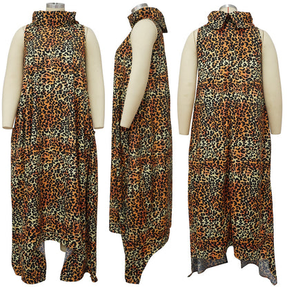 Plus Size Women Irregular Loose Dresses Turtleneck Summer Tank Maxi Long Dress Printed