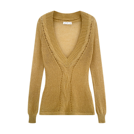 Sexy Deep V-Neck Knit Top with Hollow Lace-Up and Glitter Detail for Women
