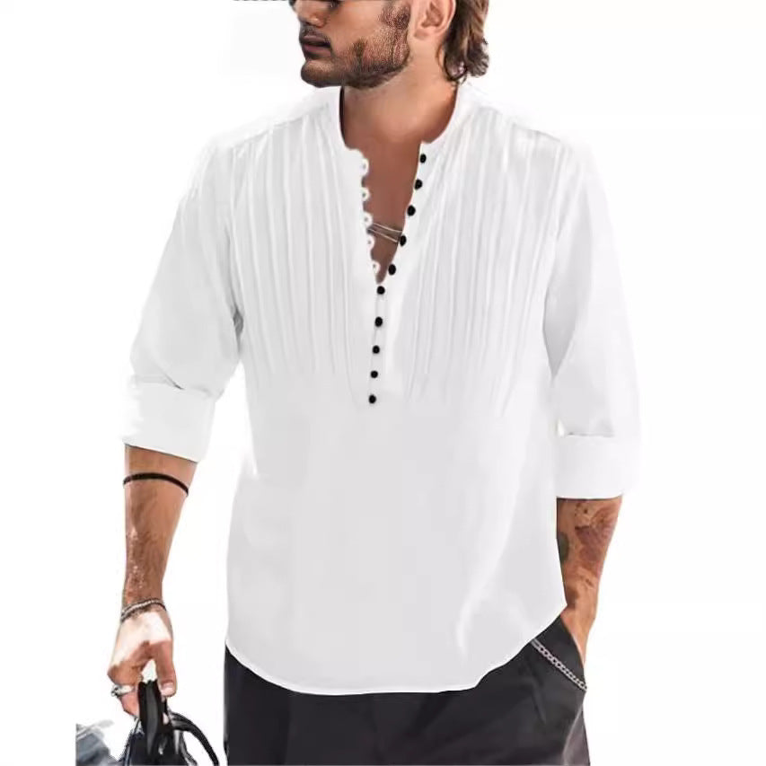 Cotton and linen pleated casual slim fit long sleeved shirt