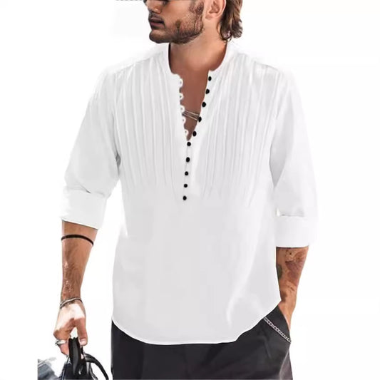 Cotton and linen pleated casual slim fit long sleeved shirt