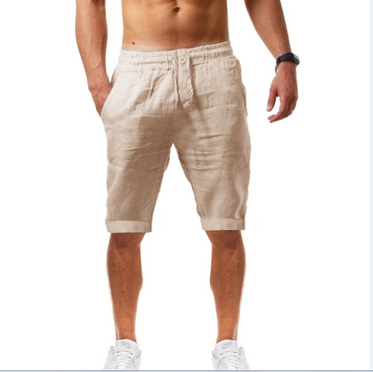 Summer new men's casual sports pants cotton and linen shorts solid color linen five-point pants