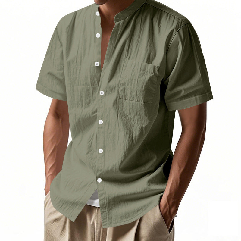 Casual Linen Open-Front Solid Color Stand-Up Collar Short Sleeve Shirt for Men Summer Loose