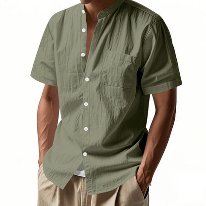 Casual Linen Open-Front Solid Color Stand-Up Collar Short Sleeve Shirt for Men Summer Loose