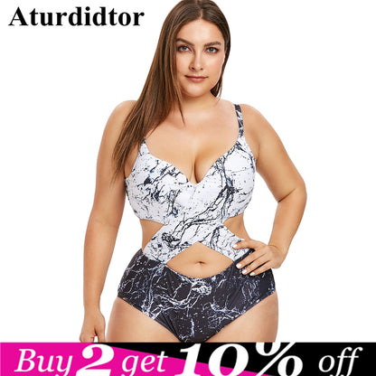 Plus Size Marble Print Monokini Sexy One Piece Swimsuit Women Padded Hollow Out Beach Swimwear Summer Bathing Suit