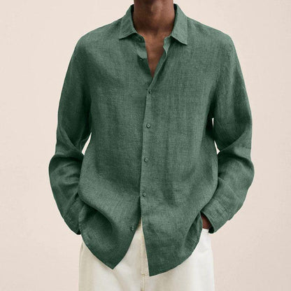 Casual Long Sleeve V-Neck Loose Button-Up Linen Cotton Shirt for Men