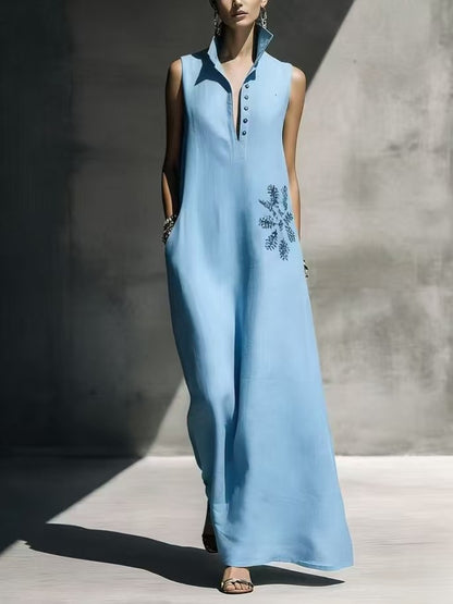 Hot stamping pocket stand collar cotton linen dress