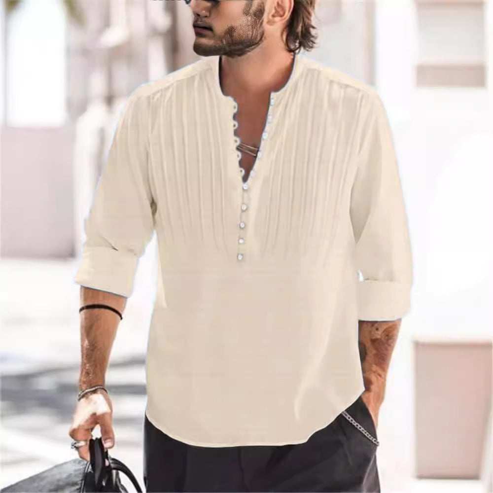Cotton and linen pleated casual slim fit long sleeved shirt