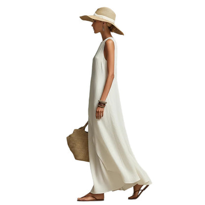 Sleeveless asymmetrical hem cotton linen blend dress