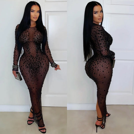 Sexy Sheer Mesh Rhinestone Bodycon Dress