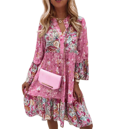 Nature-inspired Women's Plus Size Dress, V-Neck Printed Flared Sleeve Dress