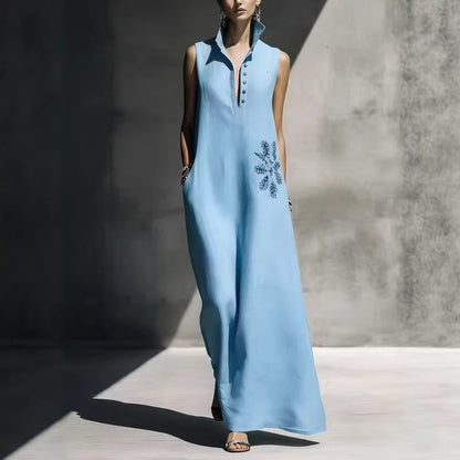 Hot stamping pocket stand collar cotton linen dress