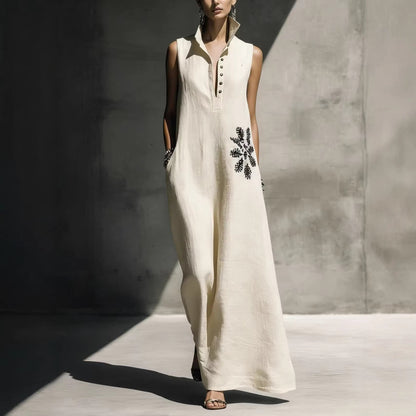 Hot stamping pocket stand collar cotton linen dress